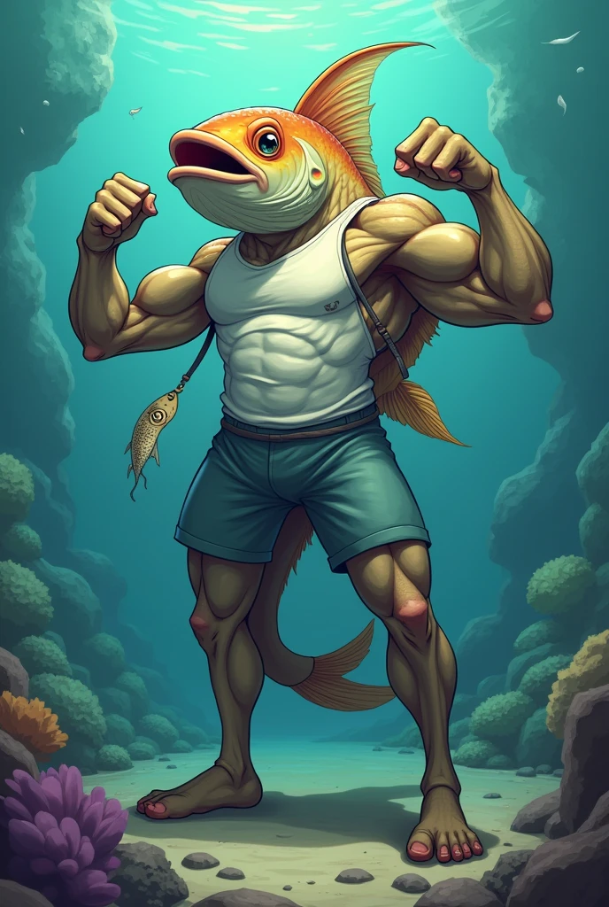 A muscular humanoid fish wearing a speedo making a double biceps, cartoon style