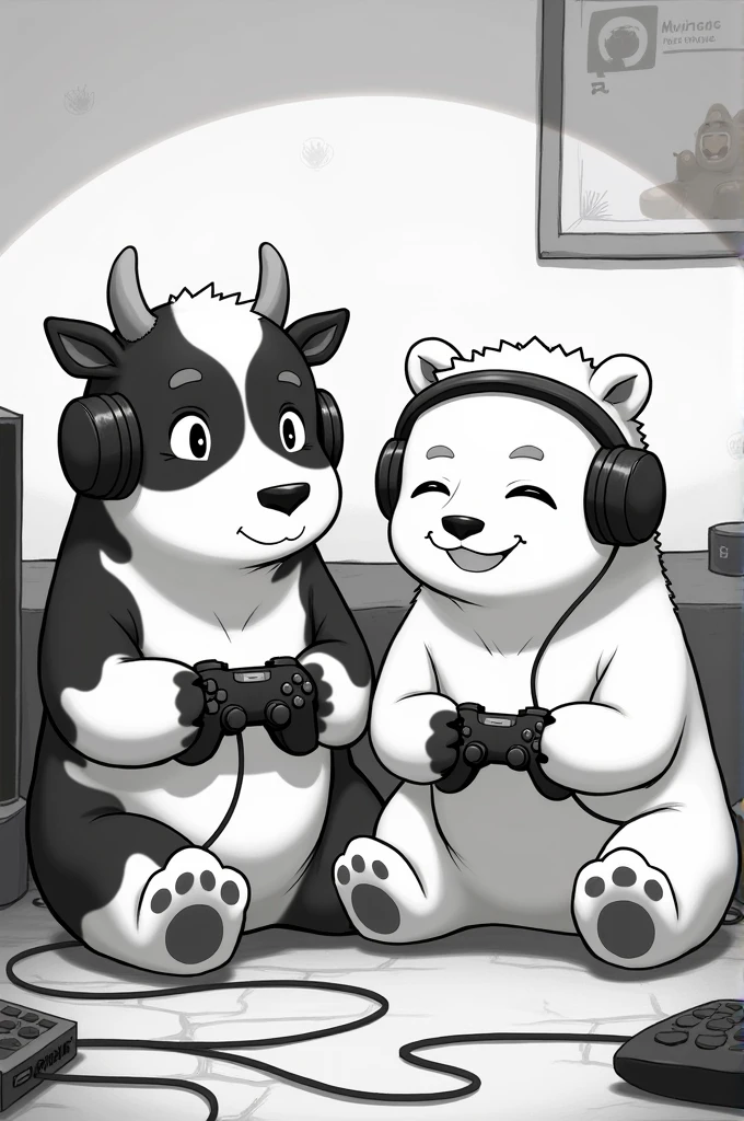 A black and white cow and a polar bear playing video games with controls in their hands and a headset cover for a YouTube channel anime theme
