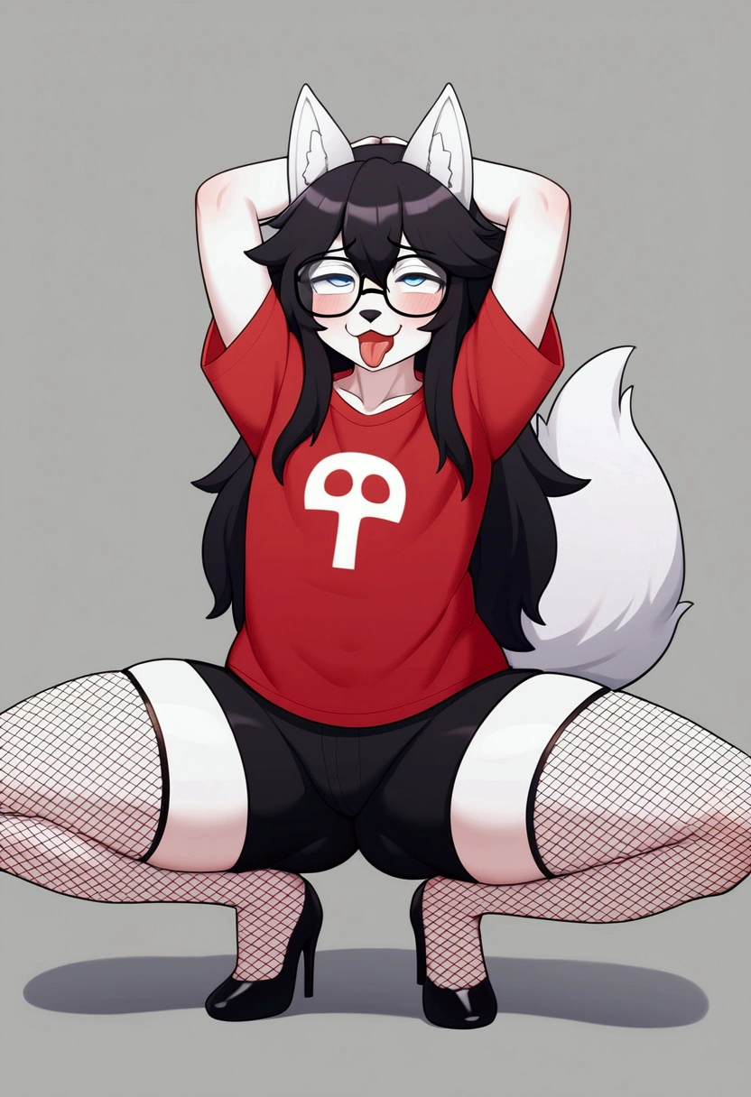 alone, punctuation_9,punctuation_8_High above,punctuation_7_High above, kimono style, a young hairy wolf Anthro nerd,child,feminine,young wolf girl, wolf muzzle, white hairy body, Cao Cao, long messy black hair,long hair, Bblack hair, white wolf tail, black glasses, blue colored eyes, white wolf ears, white wolf tail, breasts small, wearing a red t-shirt, black shorts,totally blushed, smug smile, half-closed eyes, hands on your head, collant preto, Fishnet stockings, sCao Caos pretos, legs spread open, squatting down, 呻吟, pleasure, ahegao, tongue out,extremely detailed, extremely detailed legs, extremely detailed arms, extremely detailed face, perfectly detailed eyes, perfectly detailed anatomy): 1.2, 独奏, perspective, curved thighs, huge thighs, curvature, unexpresive face,half-closed eyes, hands over head, Fishnet high stockings, black heels, spread legs, squatting, moan