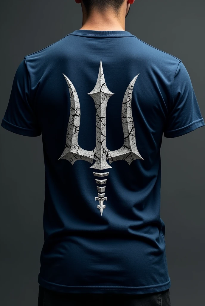 dark blue t-shirt, that on the back it has a print of a trident, that the 3 points are well separated and the trident design is cracked and occupies the entire part of the back
