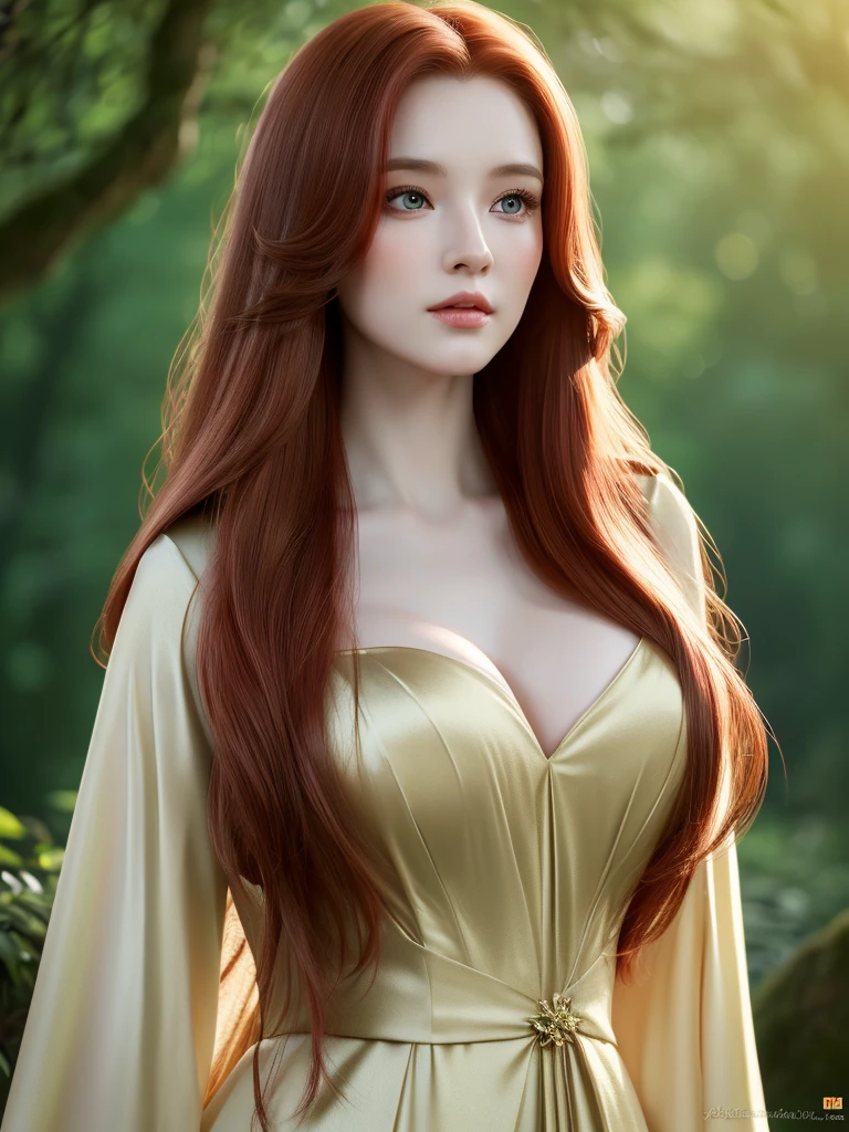 a beautiful redheaded asian girl, very long and very very very silky hair, very elegant elf dress, dense forest, no sunlight, detailed face and eyes, very big tits (best quality,4k,8k,highres,masterpiece:1.2),ultra-detailed,(realistic,photorealistic,photo-realistic:1.37),magical fantasy atmosphere,fantasy,concept art