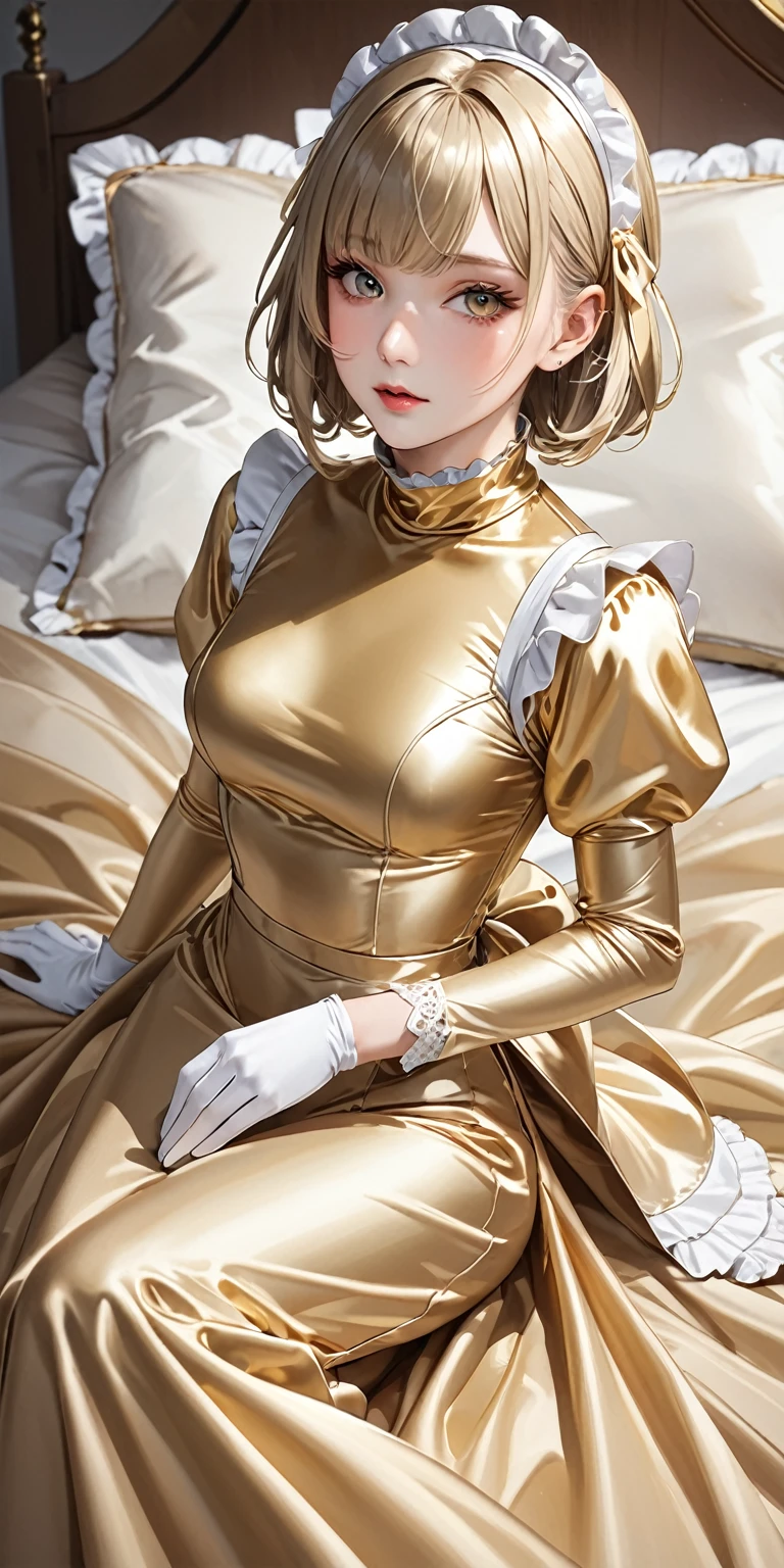 Portraiture、(masterpiece,Highest quality,Ultra-high resolution),Japanese women, Bob Hair、(((Very beautiful 25 year old girl)))、(She is wearing a shiny pale gold satin long sleeve maid outfit..)、The dress has a simple design without any patterns...、(((A long skirt made of pale gold satin.)))、Pale gold satin gloves、((Pale gold satin bodysuit))、Sitting on a pale gold satin bed