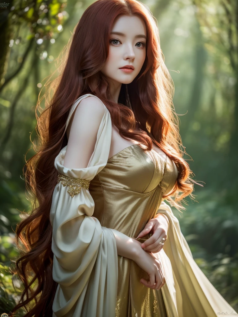 a beautiful redheaded asian girl, very long and very very very silky hair, very elegant elf dress, dense forest, no sunlight, detailed face and eyes, very big tits (best quality,4k,8k,highres,masterpiece:1.2),ultra-detailed,(realistic,photorealistic,photo-realistic:1.37),magical fantasy atmosphere,fantasy,concept art