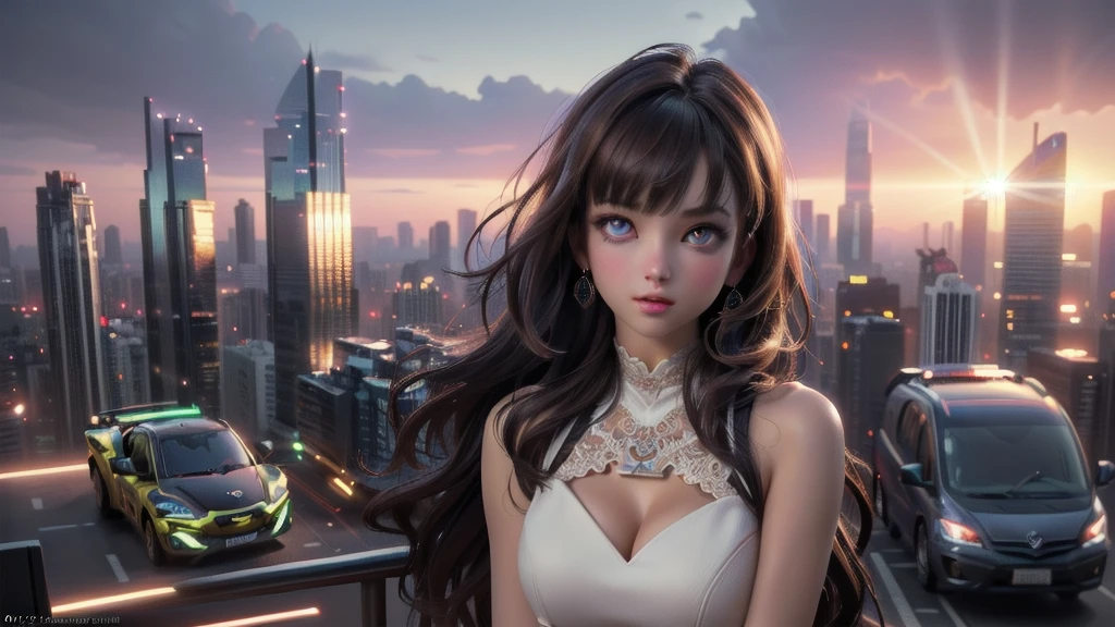 (upper body, beautiful dress), (best quality, masterpiece, high quality, 1girl, solo, (upper body, beautiful dress), illustration, beautiful detailed girl, beautiful detailed glow, beautiful detailed eyes, highres, detailed, high resolution illustraion, ultra-detailed, detailed background, beautiful detailed face), ((background: Generate a 3D banner image showcasing a futuristic cityscape at sunset. Incorporate realistic textures and lighting effects to emphasize the depth and realism of the scene. Highlight tall skyscrapers, neon lights, and flying vehicles, creating a sense of awe and wonder.))