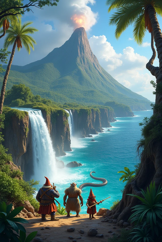 island paradise, waterfall, volcano, gnome,Troll,serpe, dangerous, adventure,moutain