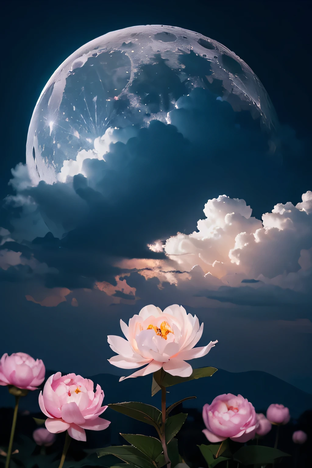 A Moon light image, dark night, moon rays on peony flower, dream like image, cloudy sky,