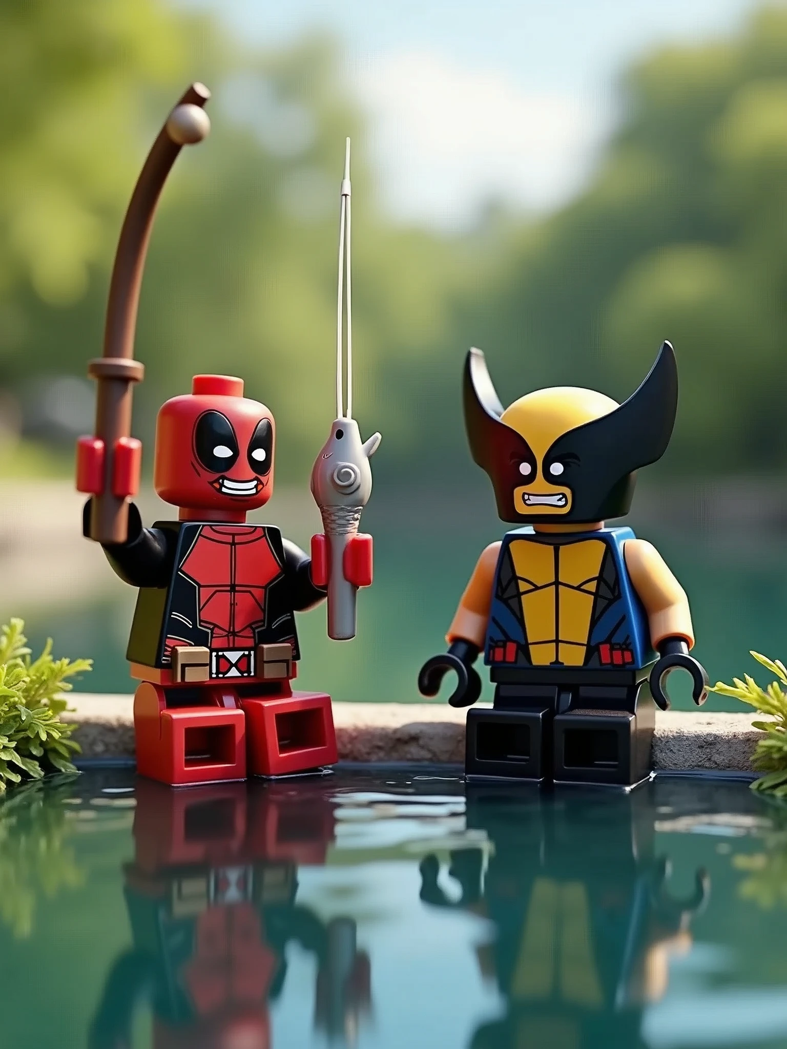 Photorealistic image of Lego figurines of Deadpool and Wolverine, fishing in a big pond, Wolverine is flustered,Deadpool caught a fish,captured in high detail, with vibrant colors and sharp focus, highlighting the characters' iconic features in a lifelike and playful way