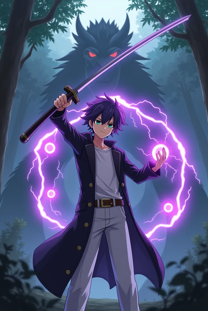In an anime-style scene set in a dense, mystical forest, a Genshin Impact-inspired character stands tall at 187 cm. He has average but distinct features with purple hair styled in a mullet haircut, green eyes, and a soft but fierce expression. His left eye is flaring with a violet glow. He is dressed in a black overcoat, white pants, and a white T-shirt. The character is shown in a full-body, dynamic pose, swinging a katana sword with his left hand. The katana is enveloped in crackling purple lightning. Behind him, three glowing purple mana circles with lightning energy hover, displaying his magical power.In the background, a large, menacing dragon emerges from the shadows, setting an intense battle atmosphere in the wooded scenery.

