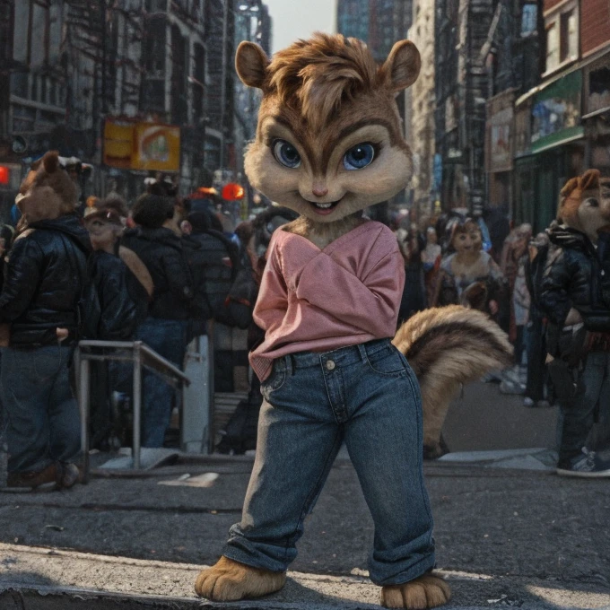 score_9, score_8_up, score_7, score_6, New York City, brittany miller, chipmunk, furry, short ears, black leather jacket, jeans, light pink shirt, looking at viewer , 6 inches tall,