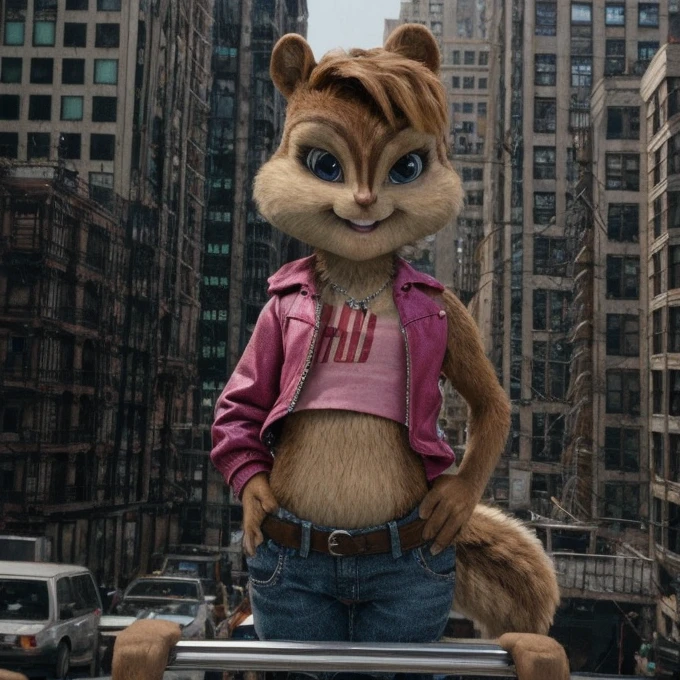 score_9, score_8_up, score_7, score_6, New York City, brittany miller, chipmunk, furry, short ears, black leather jacket, jeans, light pink shirt, looking at viewer , 6 inches tall,