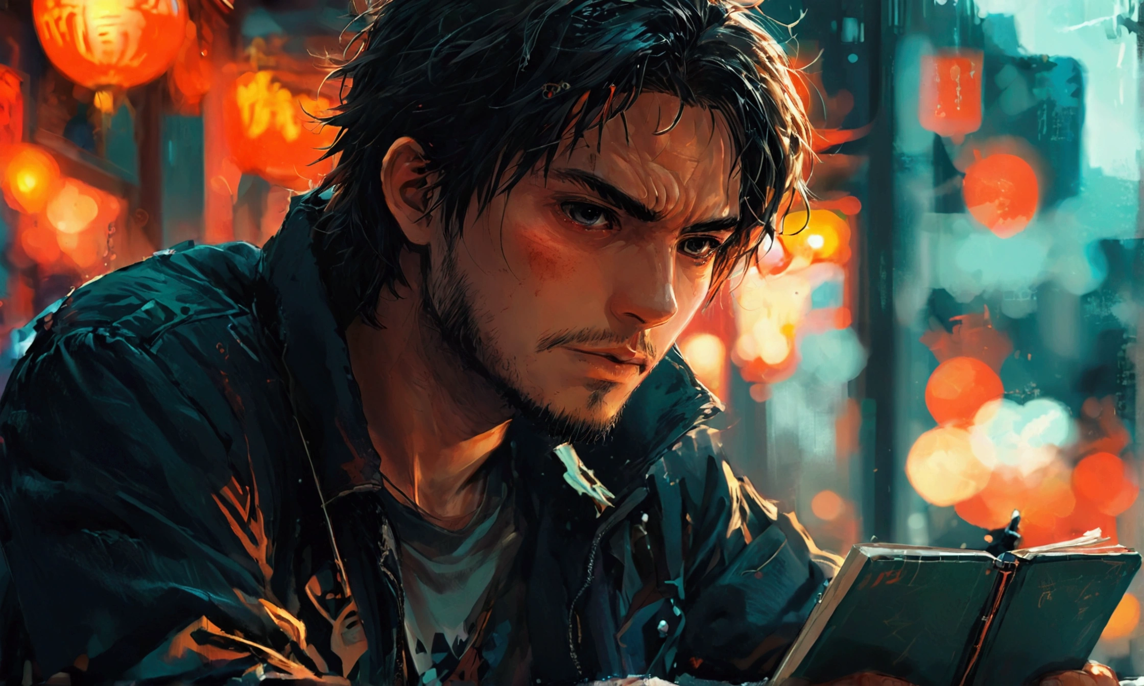 A MAN USING HACKER'S NOTEBOOK,manga style art,manga style art,manga style art,manga style art