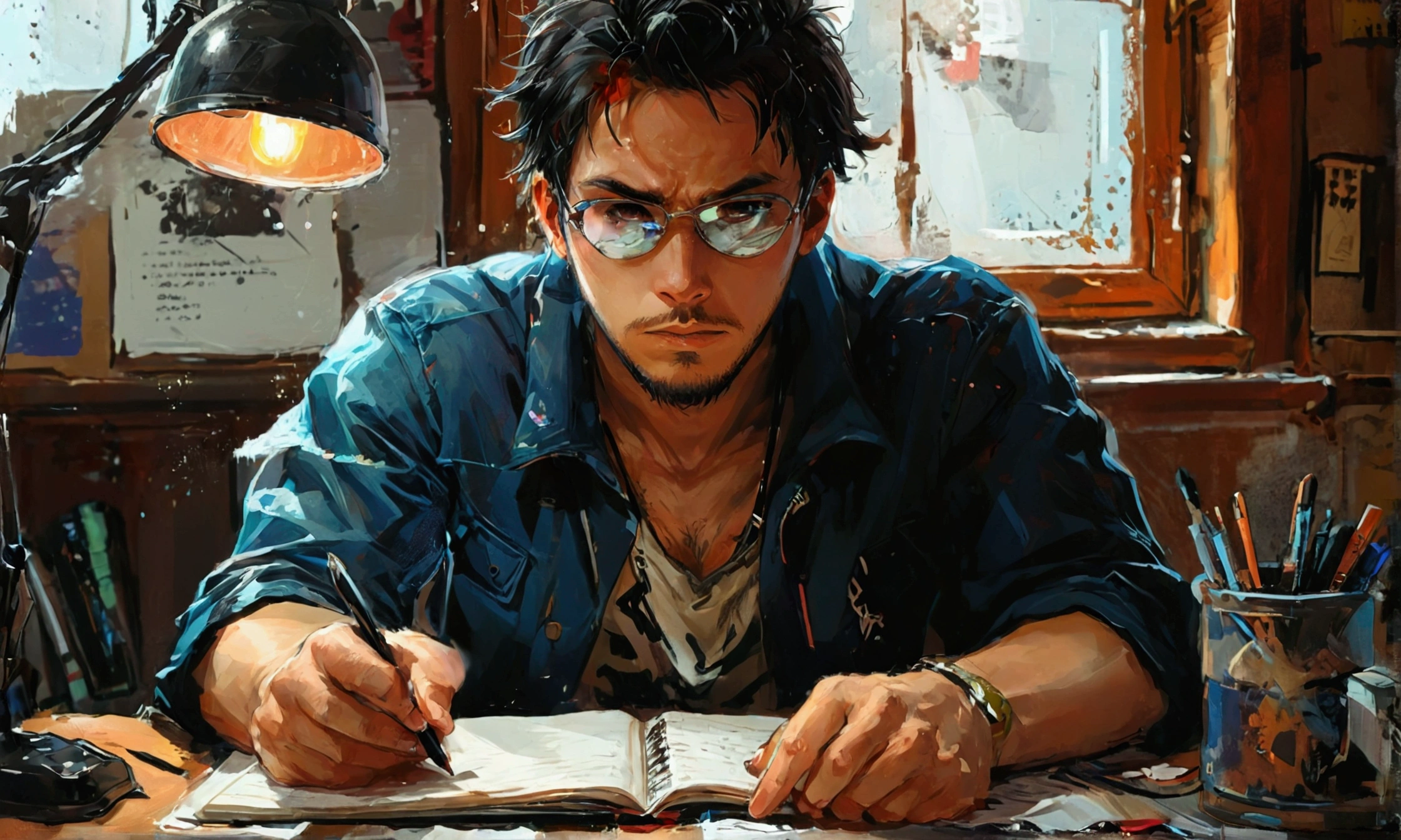 A MAN USING HACKER'S NOTEBOOK,manga style art,manga style art,manga style art,manga style art