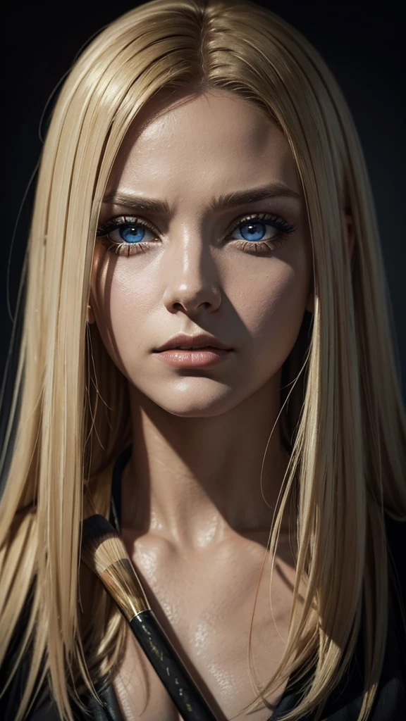 A striking, close-up painting of a blonde woman's blue-grey eye, rendered with astonishing realism and detail. The eye is wide open, brimming with fear, and has a solitary tear tracing a path down her cheek. Reflected in the depths of the pupil is a baseball bat, casting a mysterious and unsettling shadow. The surrounding area is a blend of makeup and potential evidence of violence, blurring the lines of reality. The overall mood of the painting is dramatic and evocative, blending realism with abstraction. Bold brushstrokes, dramatic lighting, and a rich earthy color palette accented with a dash of red create a powerful, emotional impact that captures the viewer's attention.