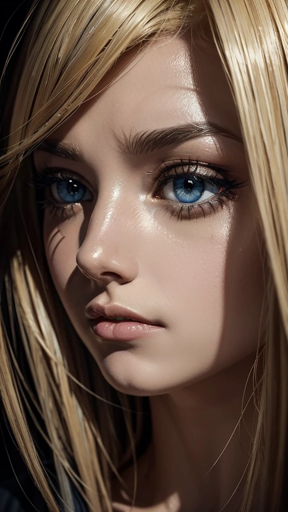 A striking, close-up painting of a blonde woman's blue-grey eye, rendered with astonishing realism and detail. The eye is wide open, brimming with fear, and has a solitary tear tracing a path down her cheek. Reflected in the depths of the pupil is a baseball bat, casting a mysterious and unsettling shadow. The surrounding area is a blend of makeup and potential evidence of violence, blurring the lines of reality. The overall mood of the painting is dramatic and evocative, blending realism with abstraction. Bold brushstrokes, dramatic lighting, and a rich earthy color palette accented with a dash of red create a powerful, emotional impact that captures the viewer's attention.