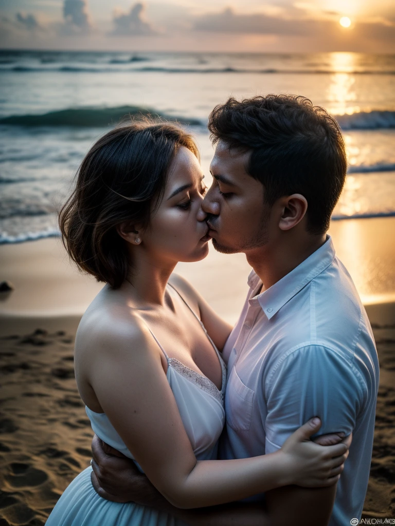 (Detailed wide shot:1.3), (best quality photo:1.5), 1girl between 1man, ((pretty chubby girl)), a girl wearing tropical dress, a man wearing casual style, (messy short wavy hair:1.3), they hugged on the beach in Bali, (kissing posing:1.5), real moment, real object, dsrk film looks, shadow, sunrise, ambient lighting, real skin, (detailed face and eyes:1.4), (very highly detailed:1.4), surreal view, (sharp focus:1.2), shot by 1Dx with 10mm lens, (dynamic angle:1.3), proportional composition