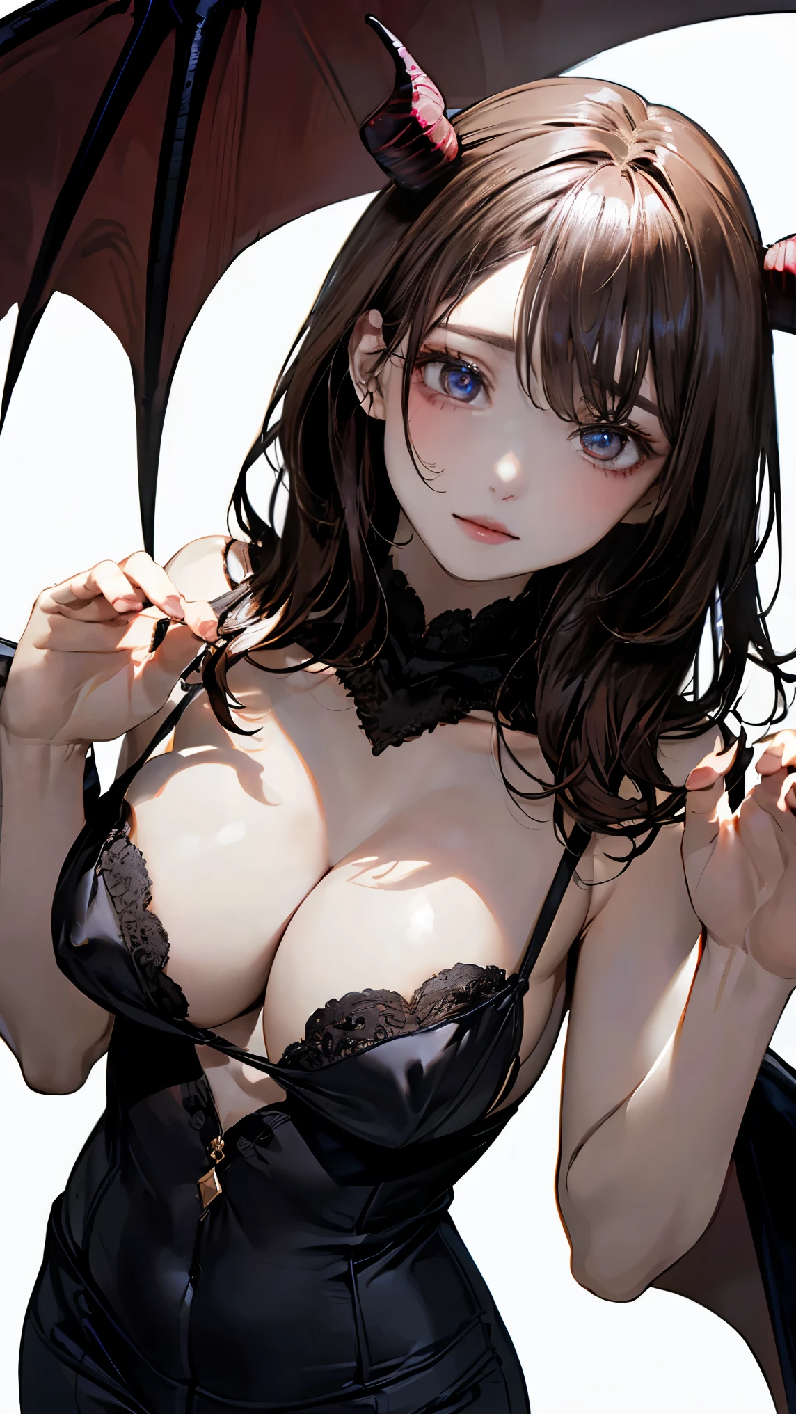 Highest quality, shape, Very detailed, In detail, High resolution, 8k wallpaper, Goat horns、Bat Wings、devil、Large Breasts,Cowboy Shot、(parted lips:1.3),(half open eyes:1.4),(feeling weak:1.5)