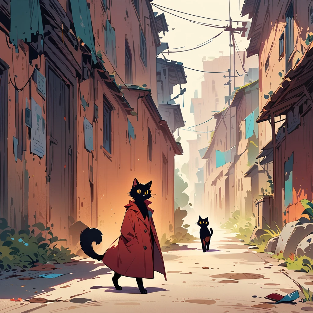 masterpiece, best quality, high resolution, concept art, stray cat, standing, dramatic pose, vibrant colors, warm tones, cinematic composition