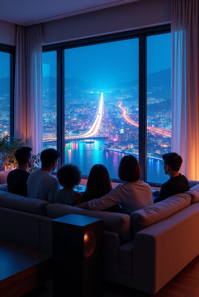 Please depict the back view of seven people sitting on an L-shaped sofa in the living room. Next to the sofa, there is a speaker, and the background features a large glass window with a view of the night cityscape. Outside the window, there is projection mapping, with colorful lights reflecting and blending with the night view. The overall atmosphere should be relaxed, with the details of the speaker and projection mapping beautifully rendered.