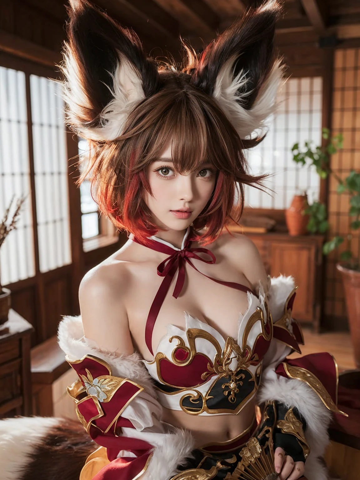 a young woman (larged-size-chest) cosplaying. She has large, fluffy brown and white fox ears, and her hair is short, brown with hints of red, and styled in a slightly messy way that frames her face. Her eyes green color. She wears an intricate costume featuring a mix of red, white, and brown, with golden accents and ornate patterns. The top part of her outfit exposes her shoulders, and a red ribbon ties around her neck. She holds a fan or similar object in her hand, which is partially obscured by her costume. The background consists of a traditional wooden room with large windows, soft lighting, and some decorative elements like wooden furniture and plants. The overall atmosphere is warm