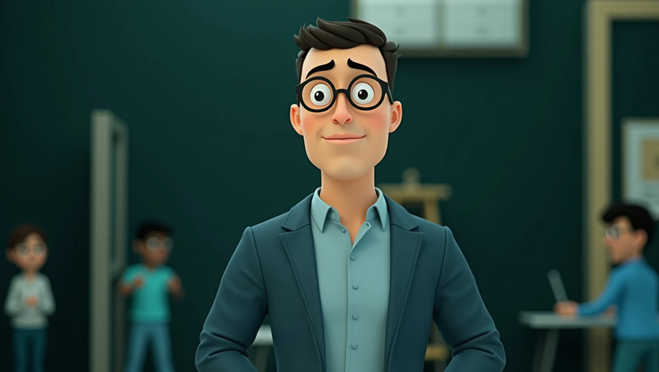 Cartoon character of a man with black glasses and a blue shirt, un cartoon character, stylized character, animation style rendering, 3D stylized, Arnold Maya rendering, Render 3D stylized, Toon render keyshot, 3D character, 3D character, Stylized 3D rendering, 3d character rendering, cartoon character, Close-up character, Character pose, (pixar style) (master part:1.2) (bokeh) (Best Quality) (detailed skin) (detailed texture) (8k) (clay) (cinematic lighting) (sharp focus,Sit down and lift your upper body.
