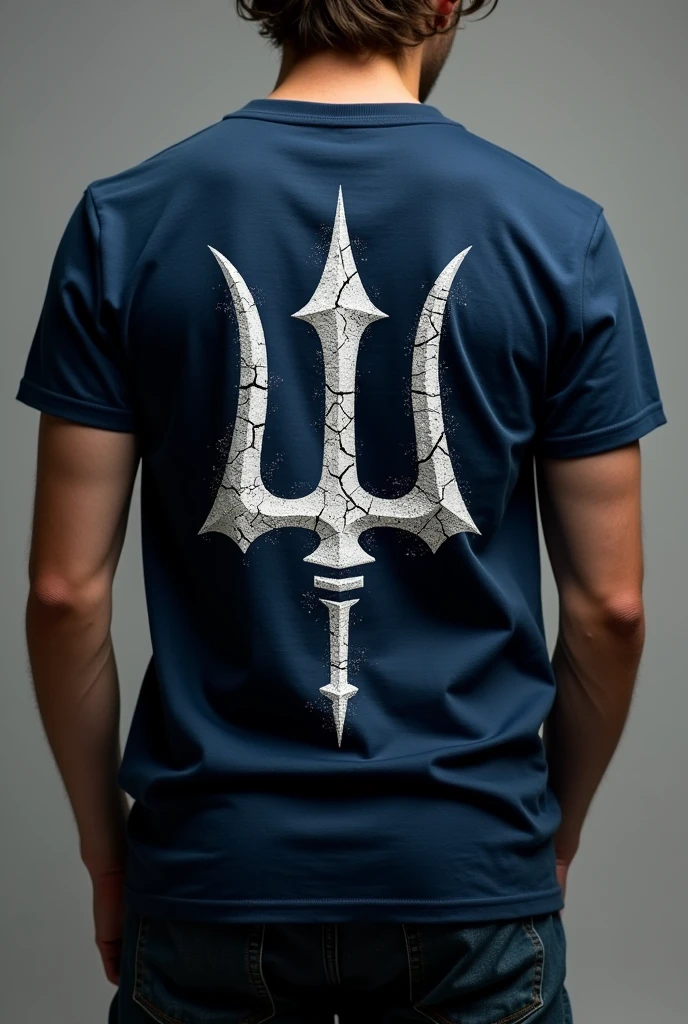 dark blue t-shirt, that on the back it has a print of a trident, that the 3 points are well separated and the trident design is cracked and occupies the entire part of the back, that the main stick is the largest