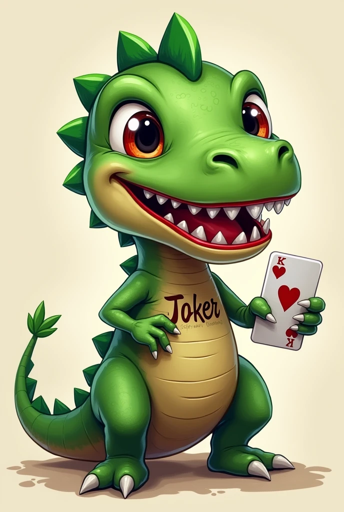 A cute green dinosaur with its mouth painted red like the Joker, tattoo that says Joker and with the Joker card in hand.