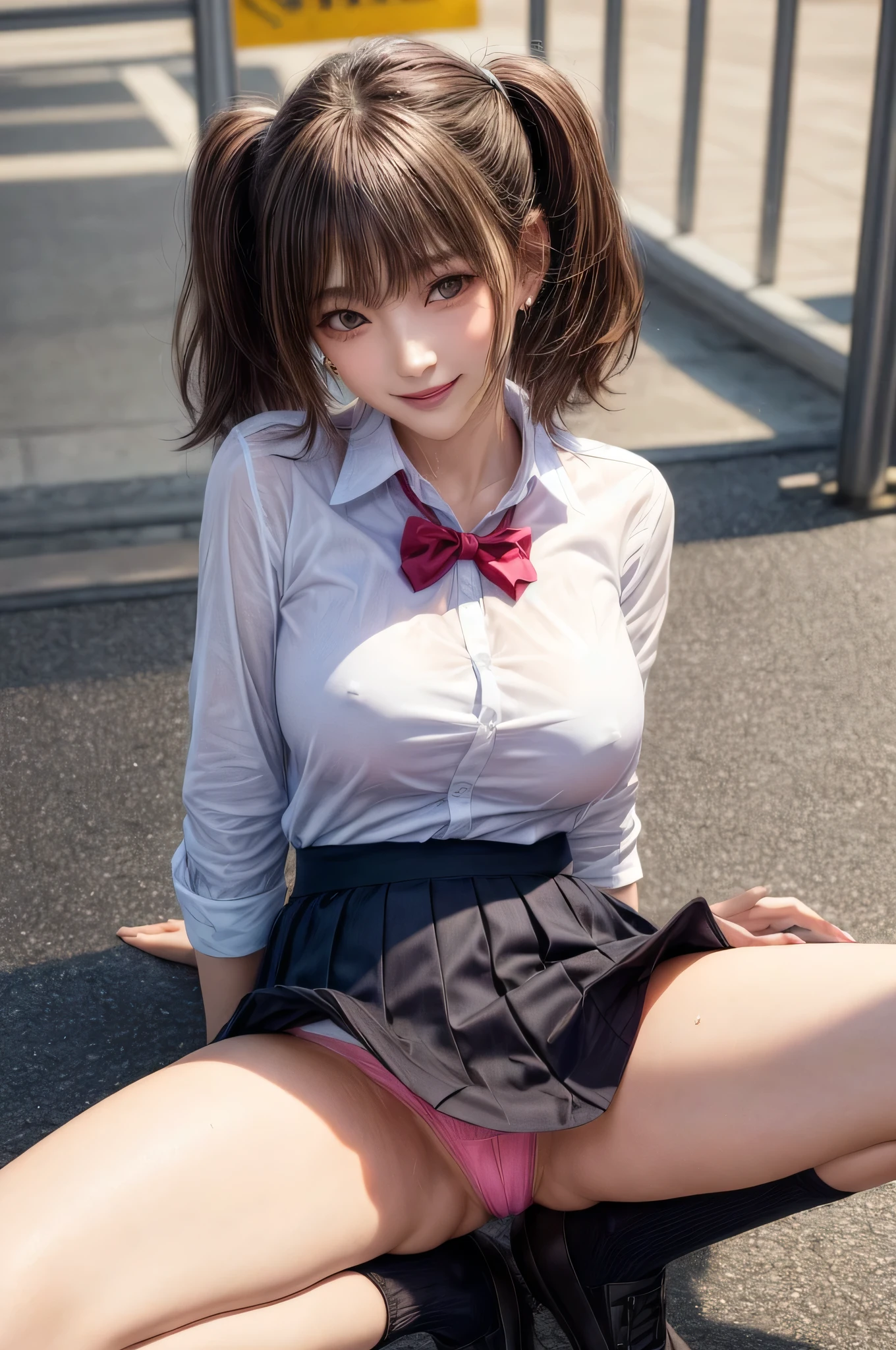 Kujikawa Def,Twin tails,school uniform,Seraph of the Black,Long sleeve,skirt,Knee socks,jewelry,Earrings,Straddle,
Highest quality, Very detailed, masterpiece, Absurd,8k,   photoRealistic, Realistic,Detailed skin texture,Detailed pupil,High resolution,Natural light,
One girl,alone,(Happy:1.1),(smile:1.2),short hair,Brown Hair,(Angular face:1.2),Shining Face,Large Breasts, Tight waist, Lip Makeup,Wet shirt,Spread your legs,(I can see her panties:1.5)Bra is visible,