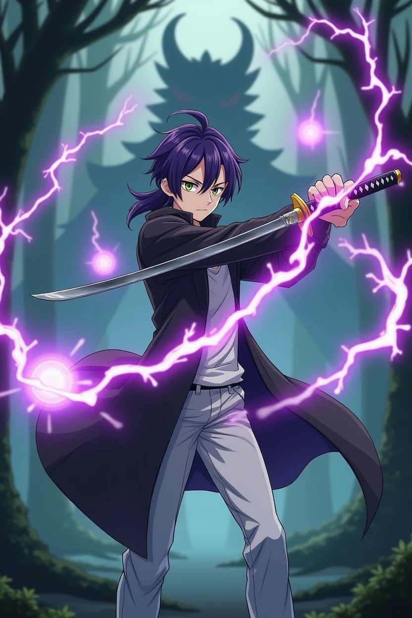 In an anime-style scene set in a dense, mystical forest, a Genshin Impact-inspired character stands tall at 187 cm. He has average but distinct features with purple hair styled in a mullet haircut, green eyes, and a soft but fierce expression. His left eye is flaring with a violet glow. He is dressed in a black overcoat, white pants, and a white T-shirt. The character is shown in a full-body, dynamic pose, swinging a katana sword with his left hand. The katana is enveloped in crackling purple lightning. Behind him, three glowing purple mana circles with lightning energy hover, displaying his magical power.In the background, a large, menacing dragon emerges from the shadows, setting an intense battle atmosphere in the wooded scenery.