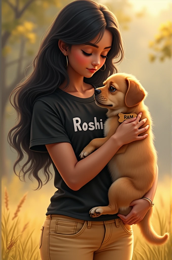 A beautiful fair indian girl hold a light brown dog which has a wooden bone shaped name tag named " RAM". The girl wear butter colour jeans and black t shirt. T shirt named "Roshi"