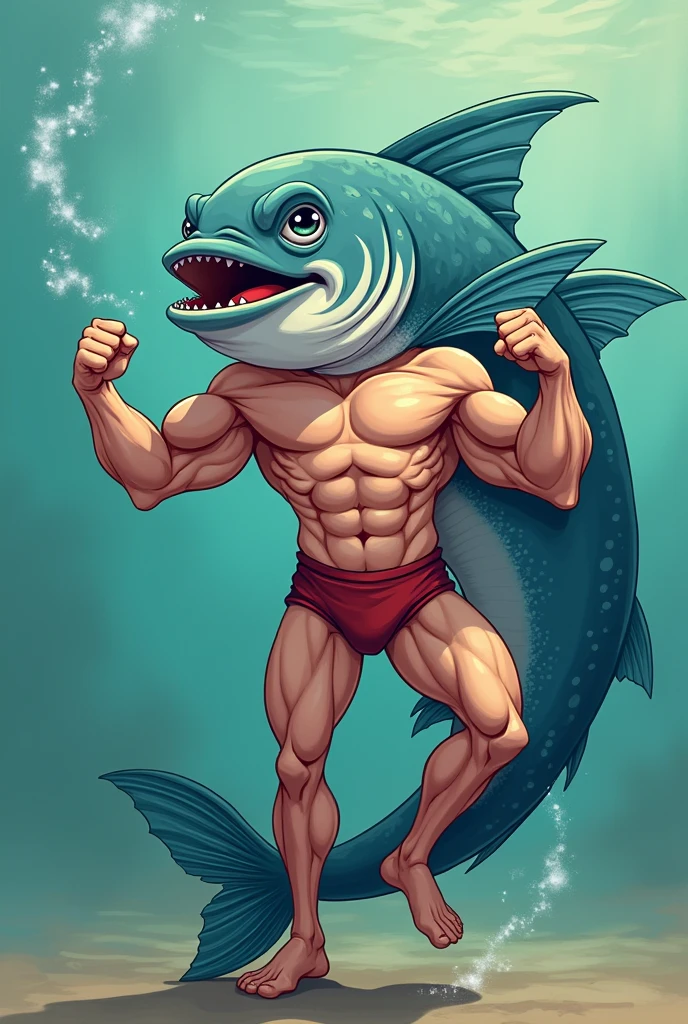 A stronger muscular man humanoid fish wearing a speedo making a double biceps, cartoon style