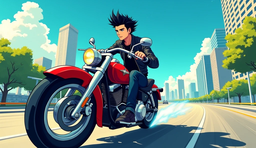 ChatGPT
Uploaded image
Bike riding give me best Prompt this photo
ChatGPT
To create a prompt for an image like the one you've shared, here’s a detailed description:
Prompt:
"Create a vibrant illustration of a young man riding a motorcycle through a cityscape. The character has short, spiky black hair and a focused expression on his face. He is wearing a sleek, black leather jacket and dark pants, embodying a sense of style and adventure. The motorcycle is a classic red, with chrome accents, reflecting light as it speeds along an empty road. The cityscape in the background includes modern buildings and trees, under a bright blue sky with fluffy white clouds. Capture the energy and thrill of the ride, emphasizing motion and excitement.