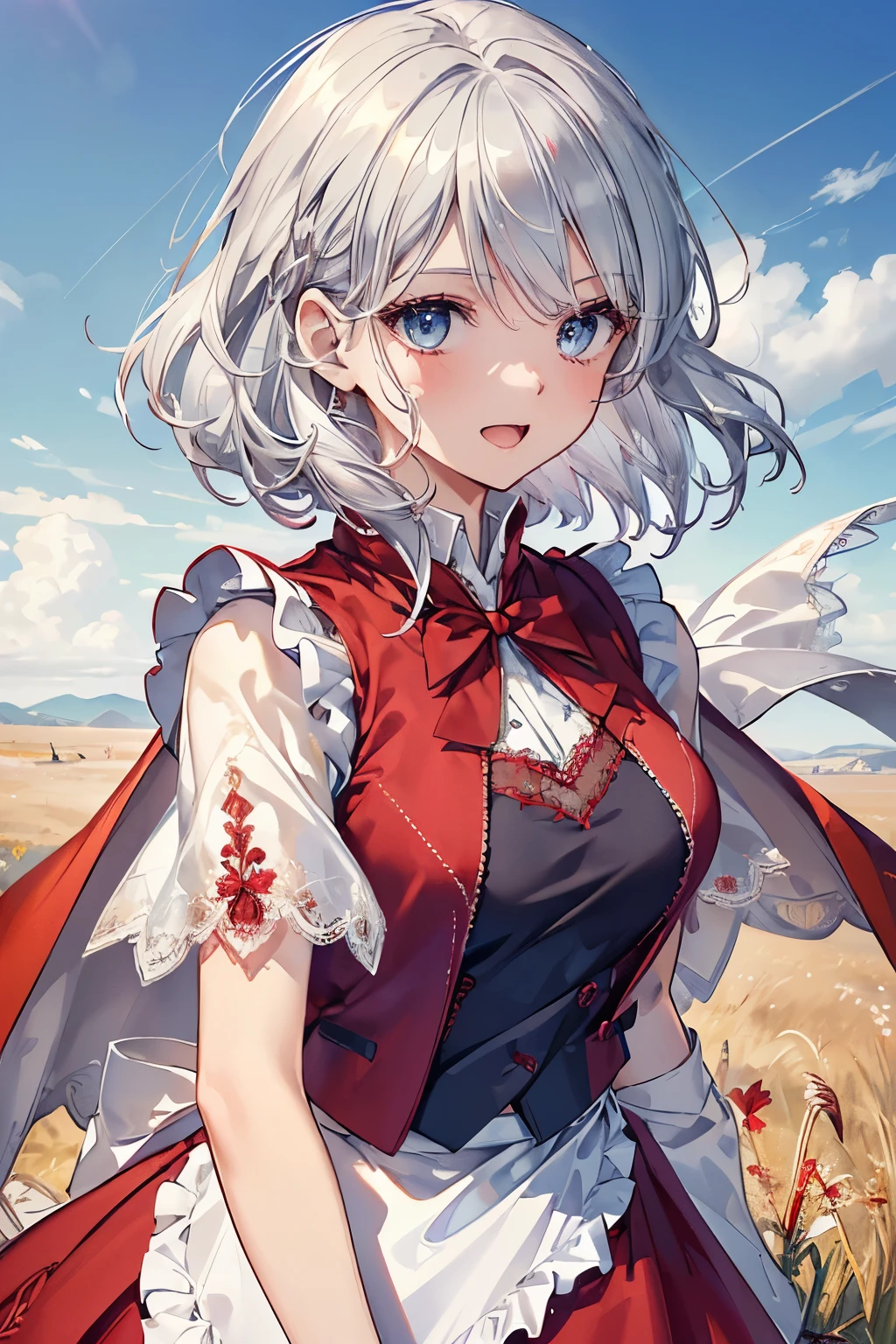 (Best quality,4K,8K,High resolution,Masterpiece:1.2),Super detailed,(Actual, Realistic),
break,
((Beautiful clear blue eyes:1.2)),very kind eyes,eyes wide open,beautiful eyelashes,beautiful lower eyelashes,
break,
((Beautiful and shiny silver hair:1.3)),A dazzling smile, a bursting smile, an open mouth laugh,
break,
((White blouse and red vest, long red skirt and short vest, cape shawl, and apron with embroidery and lace decorations:1.3)),
break,
very happily,((Skip:1.3)),((sunny grassland:1.3)),((bust shot)),zoom in
