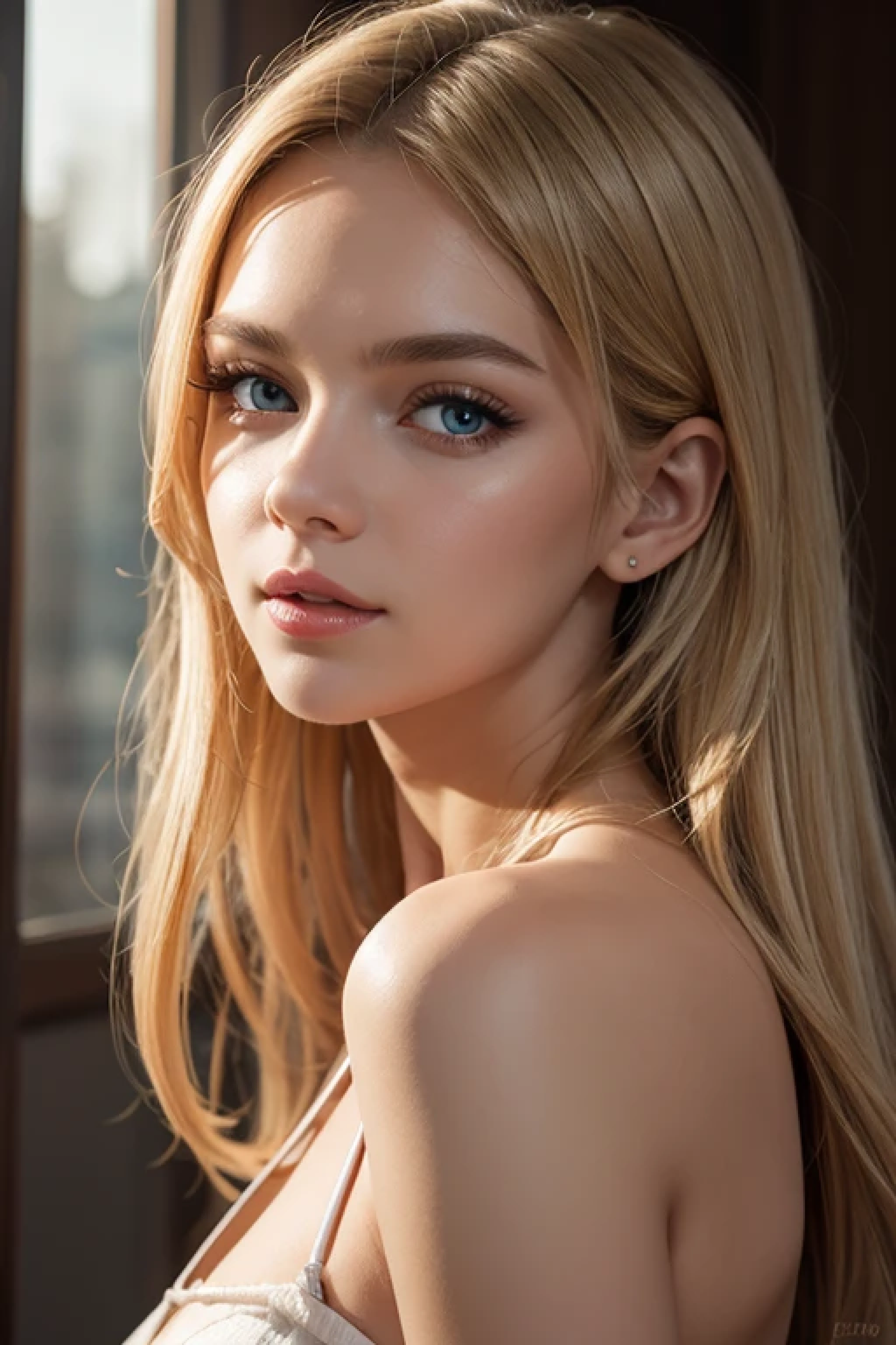 extremely sexy, (Best quality,8k,high resolution,masterpiece:1.2),Digital Artwork,A girl,Delicate face,Delicate eyes,Mi blonde hair,Long straight hair,shiny blue eyes,Red lips,particle,dust,Warm colors,shy,in love,Eevee drawing,Men's white collar shirt,necklace,Pretty Face,Large Breasts,more than_Body,Tyndall effect,lifelike,Dark Studio,(HD Skin:1.2),8k Ultra HD,Soft Light,high quality,Edge lighting,Two-color lighting,Volumetric Lighting,frank,Professional photography,超high resolution,8k,Bokeh,Shallow depth of field,Film photos, full body, sexy look, nude, erotic tits, full body view, incredibly erotic, dreamy like, braless, no-bra, transparent