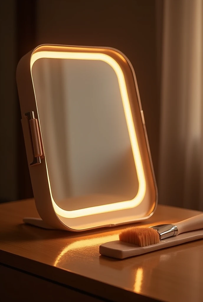 A modern mirror with a stand and a warm light coming out of it