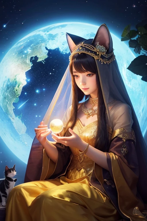 A cat wearing a veil on its head and sitting with a crystal ball, Cute and detailed digital art, artstation pixivでトレンド, Detailed fan art, 🌺 society, pixiv Contest Winner, 8K high quality, detailed art, Fantasy art style, Ryan Glitter, Concept Artist, Digital art on Pixiv, Cute and detailed artwork, Fan Art Best Art Station，Mysterious and divine々Shii、Background is gold、There is a halo around it、Real cat