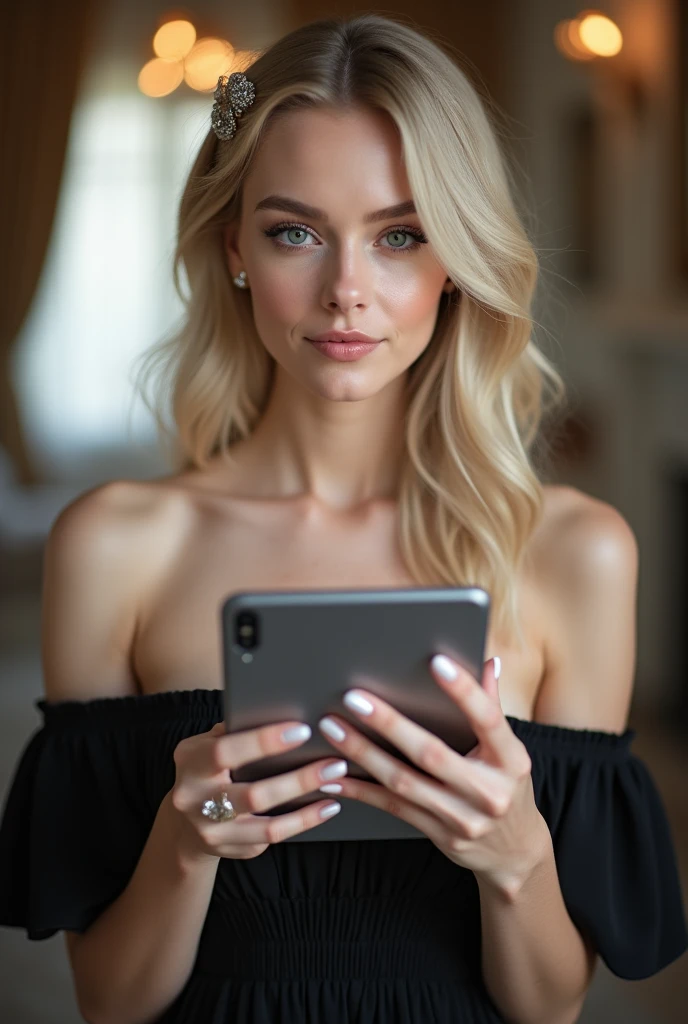 beautiful white-skinned girl , medium light hair , beautiful hairpins , with bright sparkling eyes, long eyelashes, Plump lips, glitter and rhinestones, skin shine, Beautiful manicure, beautiful nails
,pearl skin, holding a tablet in his hands, in a black dress with open shoulders, Beautiful detailed fingers, professional photo, 4K, a high resolution, high detail, aesthetically pleasing, Beautiful, realistically, looks straight
