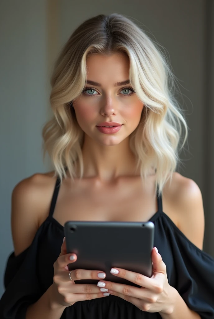 beautiful white-skinned girl , medium light hair , beautiful hairpins , with bright sparkling eyes, long eyelashes, Plump lips, glitter and rhinestones, skin shine, Beautiful manicure, beautiful nails
,pearl skin, holding a tablet in his hands, in a black dress with open shoulders, Beautiful detailed fingers, professional photo, 4K, a high resolution, high detail, aesthetically pleasing, Beautiful, realistically, looks straight