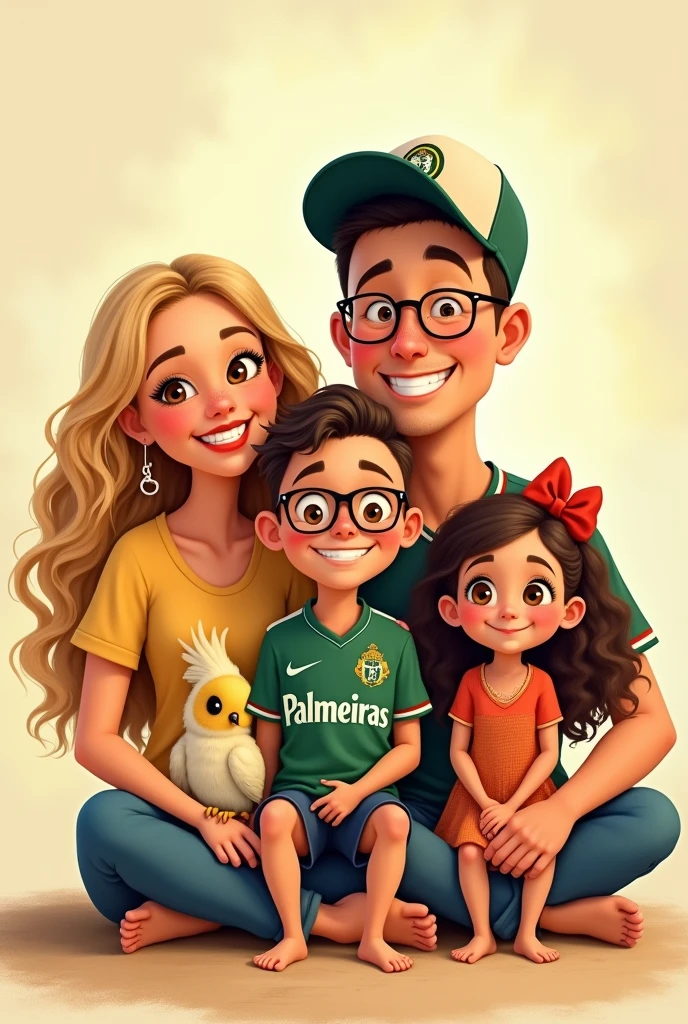A drawing of a family of 4 all smiling,
The mother with blonde highlights and long curly hair.
the father with a cap, he is bald and has a short Palmeiras shirt.
the son has short dark hair and glasses and is holding a cockatiel.
youngest daughter with long brown curly hair with a red bow.
Disney style