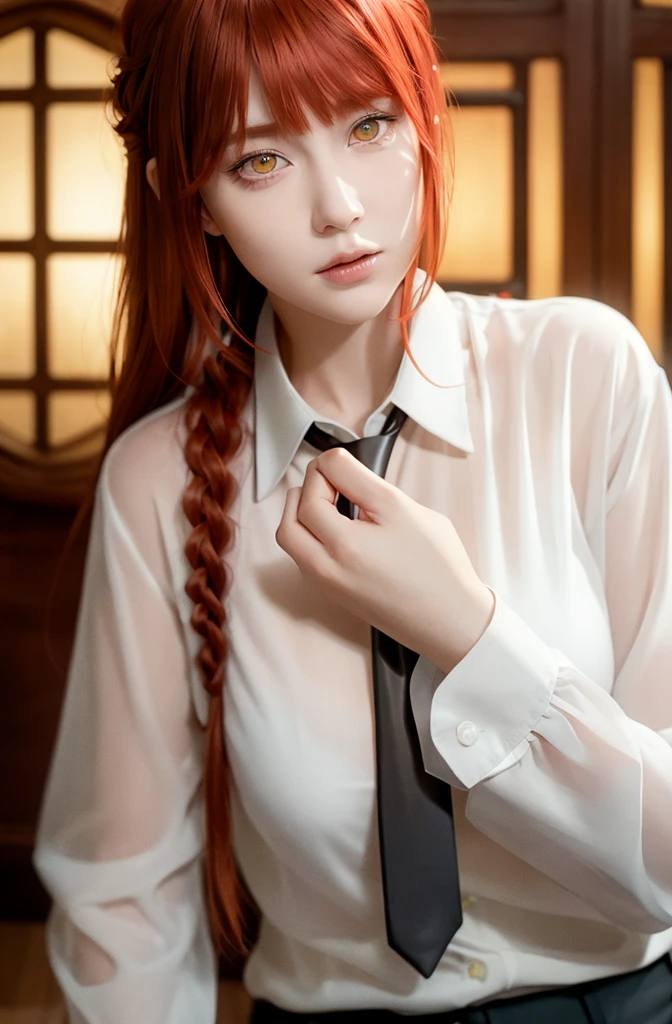 masterpiece, (Realistic:1.4), Highest quality, Beautiful lighting, (Urzan-6500:0.5), hand \(Chainsaw Man\), (Redhead)+(Long braided hair)+(bangs), Yellow Eyes, Golden Eyes, ((The eyes are round)), (White shirt), (tie), RAW Photos, 8K Ultra HD, Film Grain