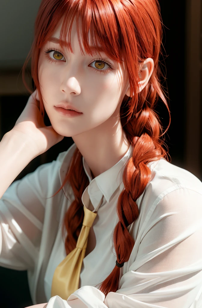 masterpiece, (Realistic:1.4), Highest quality, Beautiful lighting, (Urzan-6500:0.5), hand \(Chainsaw Man\), (Redhead)+(Long braided hair)+(bangs), Yellow Eyes, Golden Eyes, ((The eyes are round)), (White shirt), (tie), RAW Photos, 8K Ultra HD, Film Grain