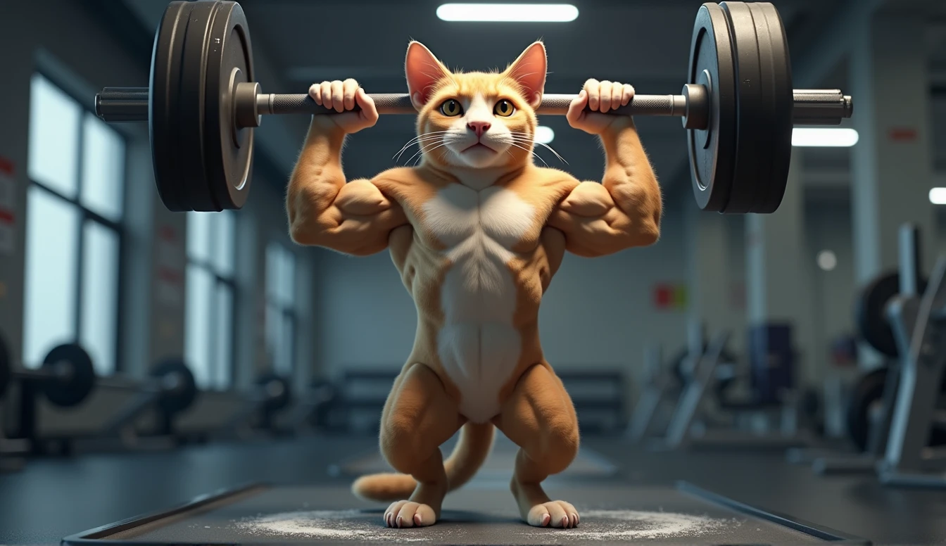Draw a fitness cat,Standing form,Clean and jerk barbell,Working out at the gym。