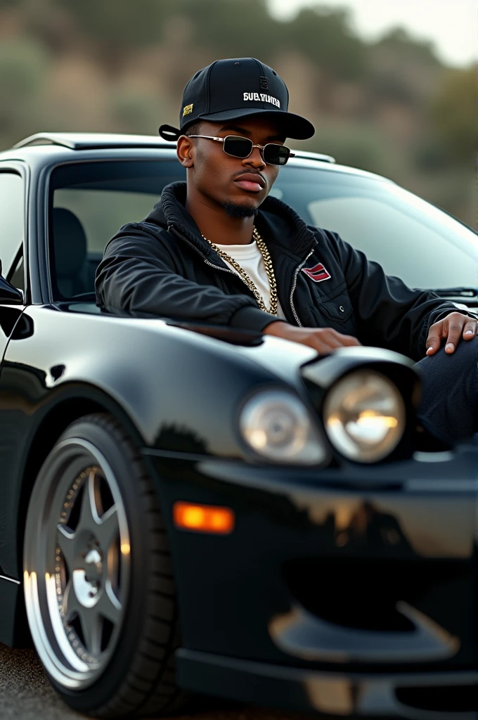 Create a man dressed as a rapper and dressed in a black 1995 model Celica sports car 