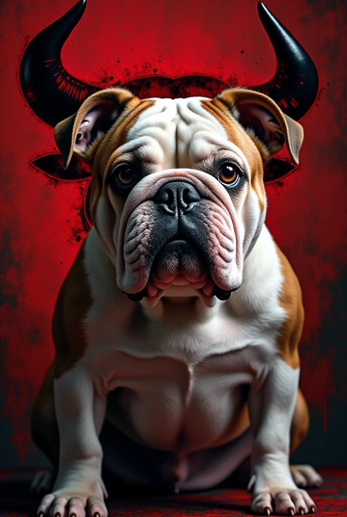 Create a badass and eye-catching cover with the words SupremeBullsAQP with an image of a chubby English Bulldog and a red and black background of a mean bull