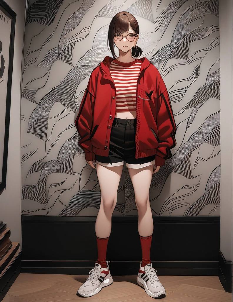 girl, brunette, bob, red and black striped jacket, glasses, earrings, shorts, sneakers with stars, red socks, (((masterpiece))), (wallpaper), (((higashiyama shou art ))), correct anatomy.