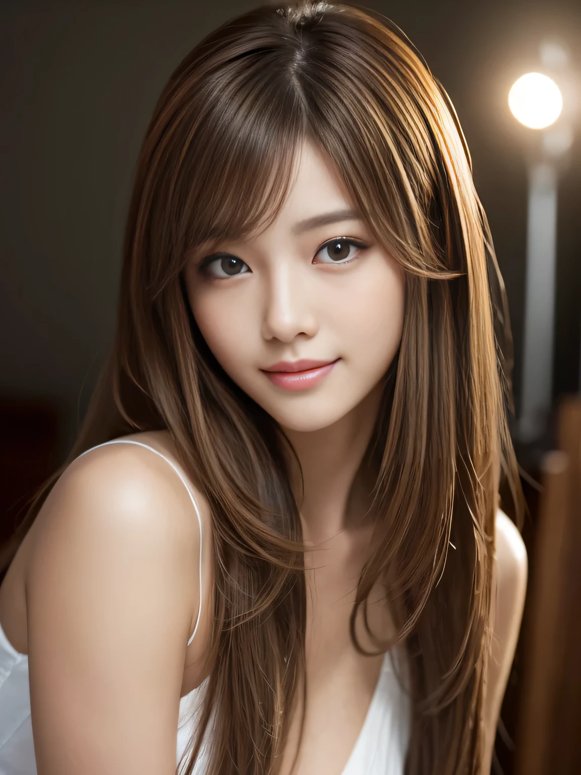 masterpiece, best quality, ultra-detailed, intricately detailed hyperdetailed, realistic, sharp features, highly detailed, sharp focus, Realistic, Photorealistic:1.3, (19 years old:1.3), perfect face, perfect symmetrically eyes, perfect full lips, hyper detailed, hyper realistic, high resolution, beautiful young korean woman, Slender, brown hair, Stylish, model poses, Beautiful Face, light brown hair, messy hair, Beautiful hairstyle, (seductive smile:1.2), (looking at viewer), cinematic lighting, White background,
