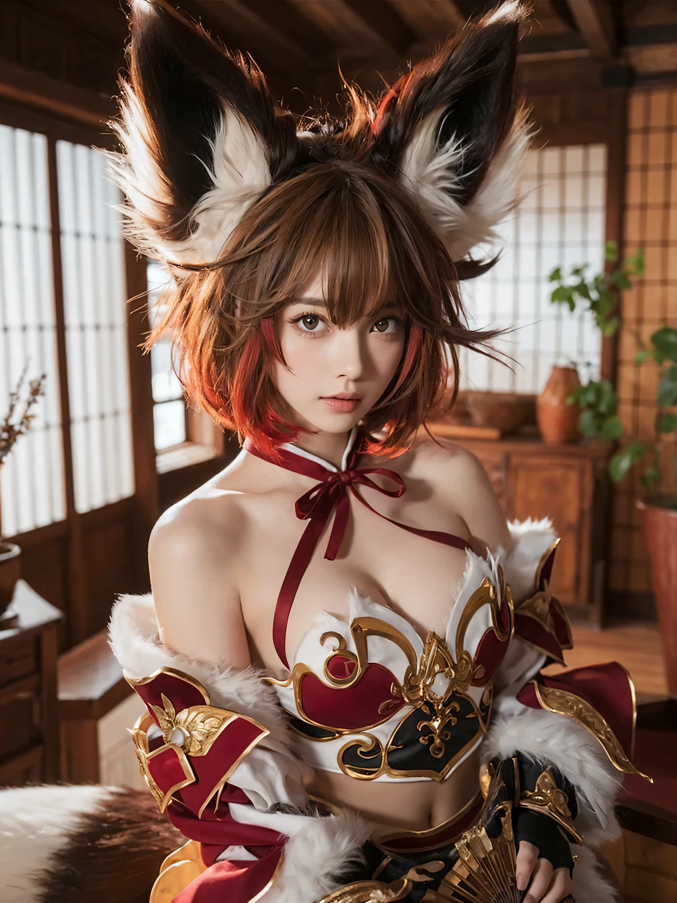 a young woman (larged-size-chest) cosplaying. She has large, fluffy brown and white fox ears, and her hair is short, brown with hints of red, and styled in a slightly messy way that frames her face. Her eyes green color. She wears an intricate costume featuring a mix of red, white, and brown, with golden accents and ornate patterns. The top part of her outfit exposes her shoulders, and a red ribbon ties around her neck. She holds a fan or similar object in her hand, which is partially obscured by her costume. The background consists of a traditional wooden room with large windows, soft lighting, and some decorative elements like wooden furniture and plants. The overall atmosphere is warm