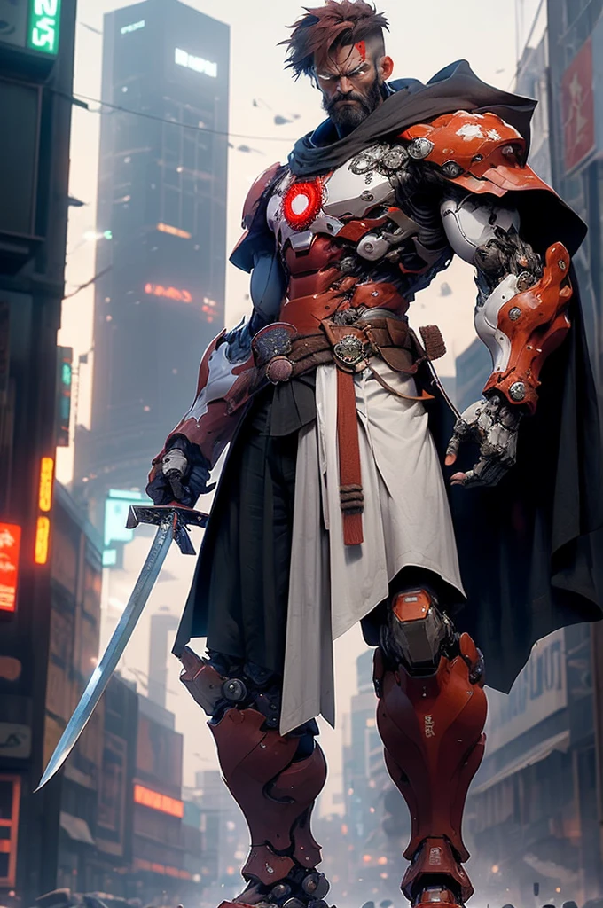 Half body view， 3 point perspective，one man，Rugged exterior，Looks serious，Holding a katana，Mechanical Samurai，Robot Samurai Armor，Holding a katana，Correct human body structure，The body is on the right side of the picture，Near the center of the lower part of the head，The upper part looks at the sky，night, full moon，look at the audience，getting ready to fight，Slouched，In a busy city，neon sign, Mecha Warriors, giant (white clothing), mechanical arm, (Red Armor), alone, brown hair, long gray hair, (black cloak), looking at viewer,