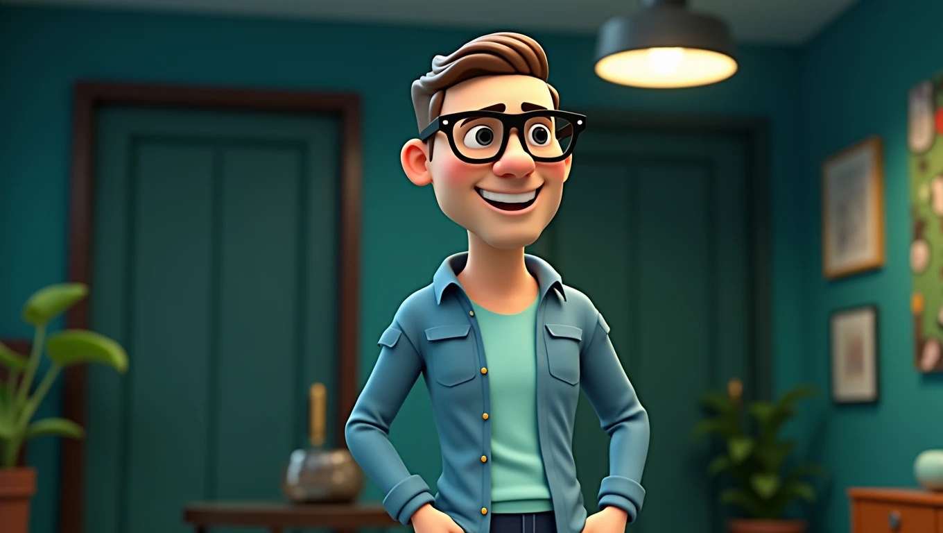 Cartoon character of a man with black glasses and a blue shirt, un cartoon character, stylized character, animation style rendering, 3D stylized, Arnold Maya rendering, Render 3D stylized, Toon render keyshot, 3D character, 3D character, Stylized 3D rendering, 3d character rendering, cartoon character, Close-up character, Character pose, (pixar style) (master part:1.2) (bokeh) (Best Quality) (detailed skin) (detailed texture) (8k) (clay) (cinematic lighting) (sharp focus,Sit down and lift your upper body.