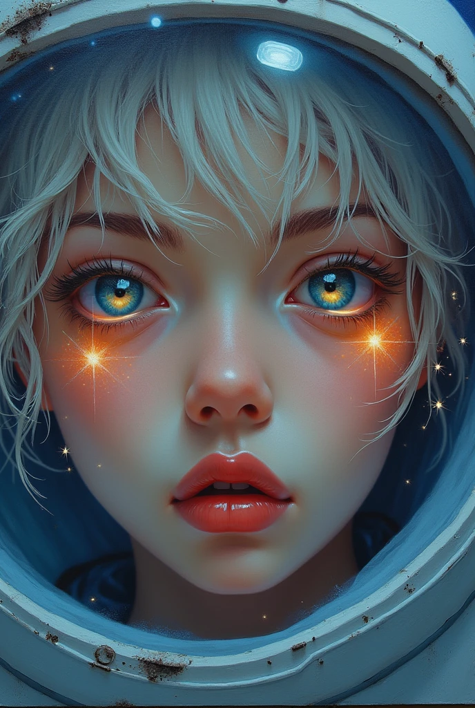 (Close-up of a better masterpiece:1.5)0.9], (Space and astronauts:1.2) (Messy silver hair:1.1) (Heterochromia xanthochromia and blue eyes:1.2) (Space Helmet:1.0) (Colored stars in the eyes:1.0) (A radiant glow:1.1) (thick lips:0.9)