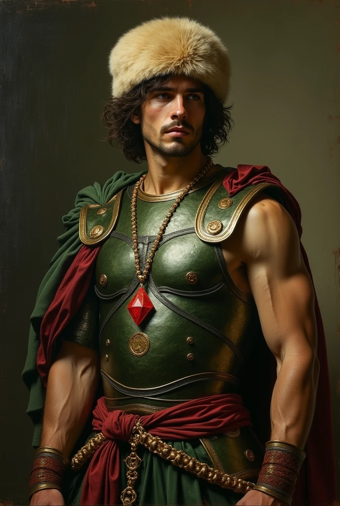 {{Masterpiece, best quality, oil painting, by Franz von Stuck, by James Tissot, by Moebius, male focus, muted colors}}, the composition is: ((((a dramatic half body portrait of a 25 years old ancient Roman guard, sexy, muscular, magnificent, wearing a beige Russian fur hat, he is wearing a red diamond shape pendant)))). (((((He is wearing a dark green lorica armor made of velvet, alligator leather, with ronin inspired elements, Slavic inspired elements, wearing a satin sash))))).
